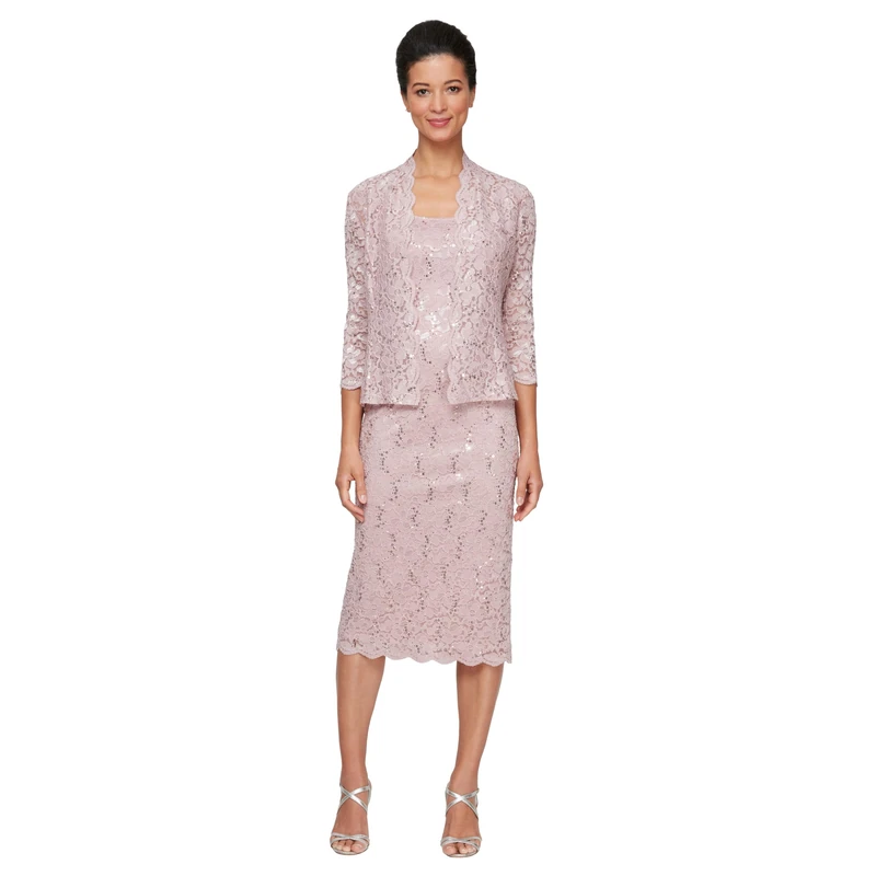 S.L. Fashions Women's Tea Length Sequin Lace Mother of The Bride Dress with Illusion Sleeve Jacket (Plus Size), Blush, Blush, 16 Plus