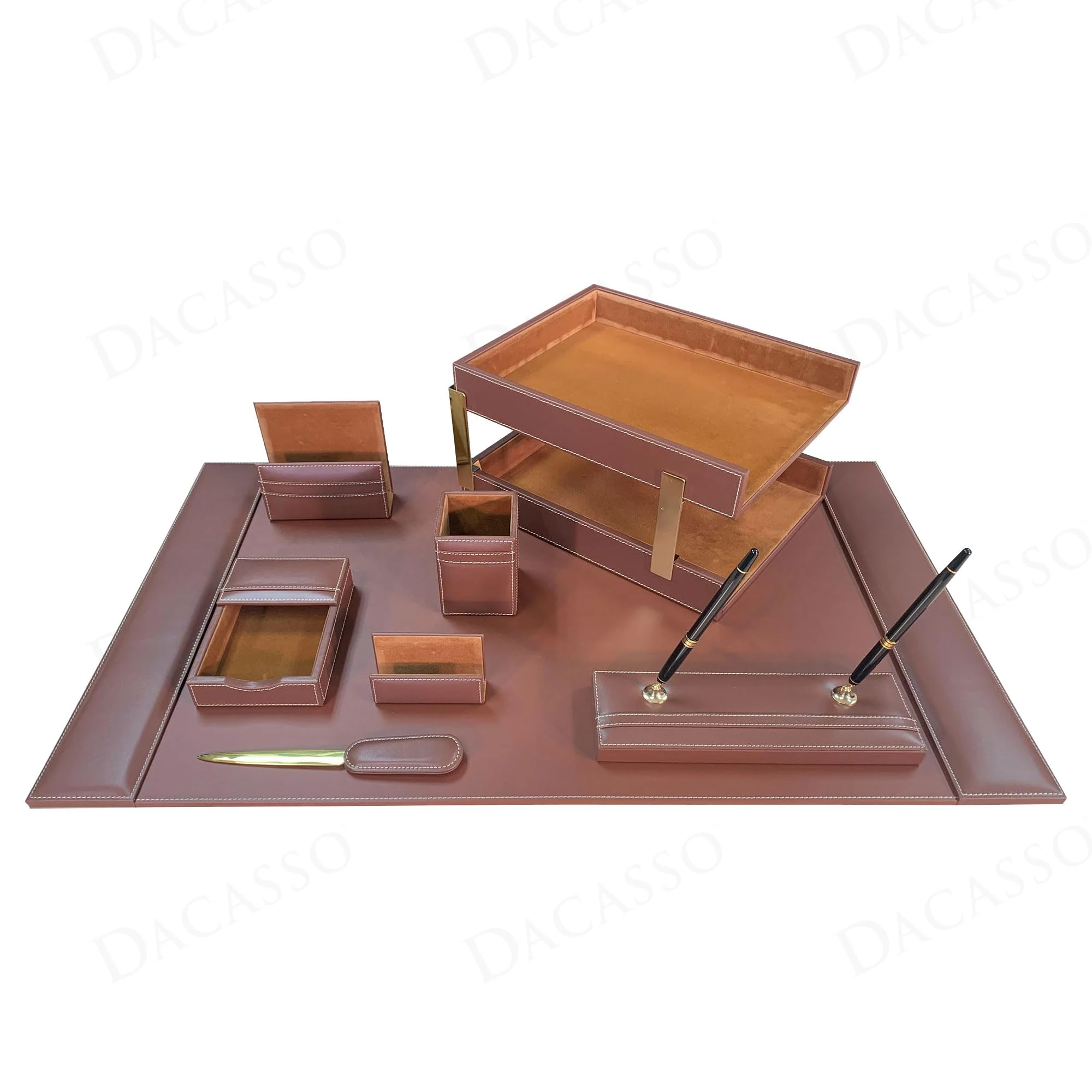 Dacasso Rustic Brown Leather Luxury 10-Piece Desk Set - Blotter Pad and Desk Mat Organizational Essentials - Executive Decor and Surface Protection