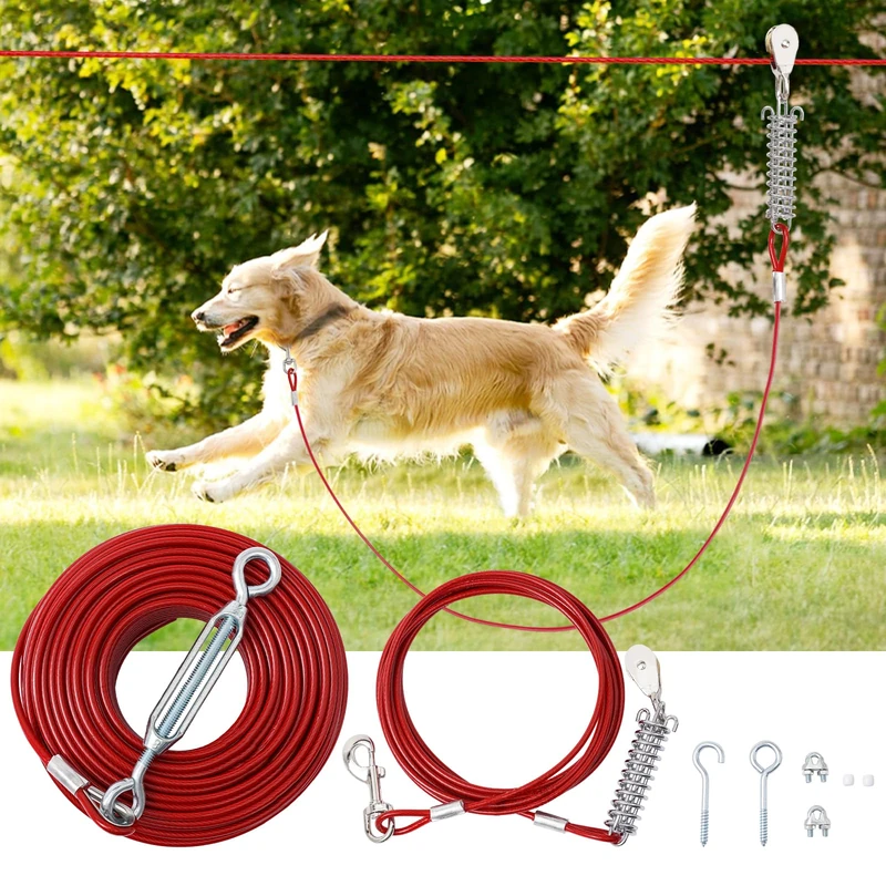 LUFFWELL 200FT Long Yard Dog Runner, 15FT Shock Absorption & Pulley Tie Out Dog Trolley System, Small to Large Dogs