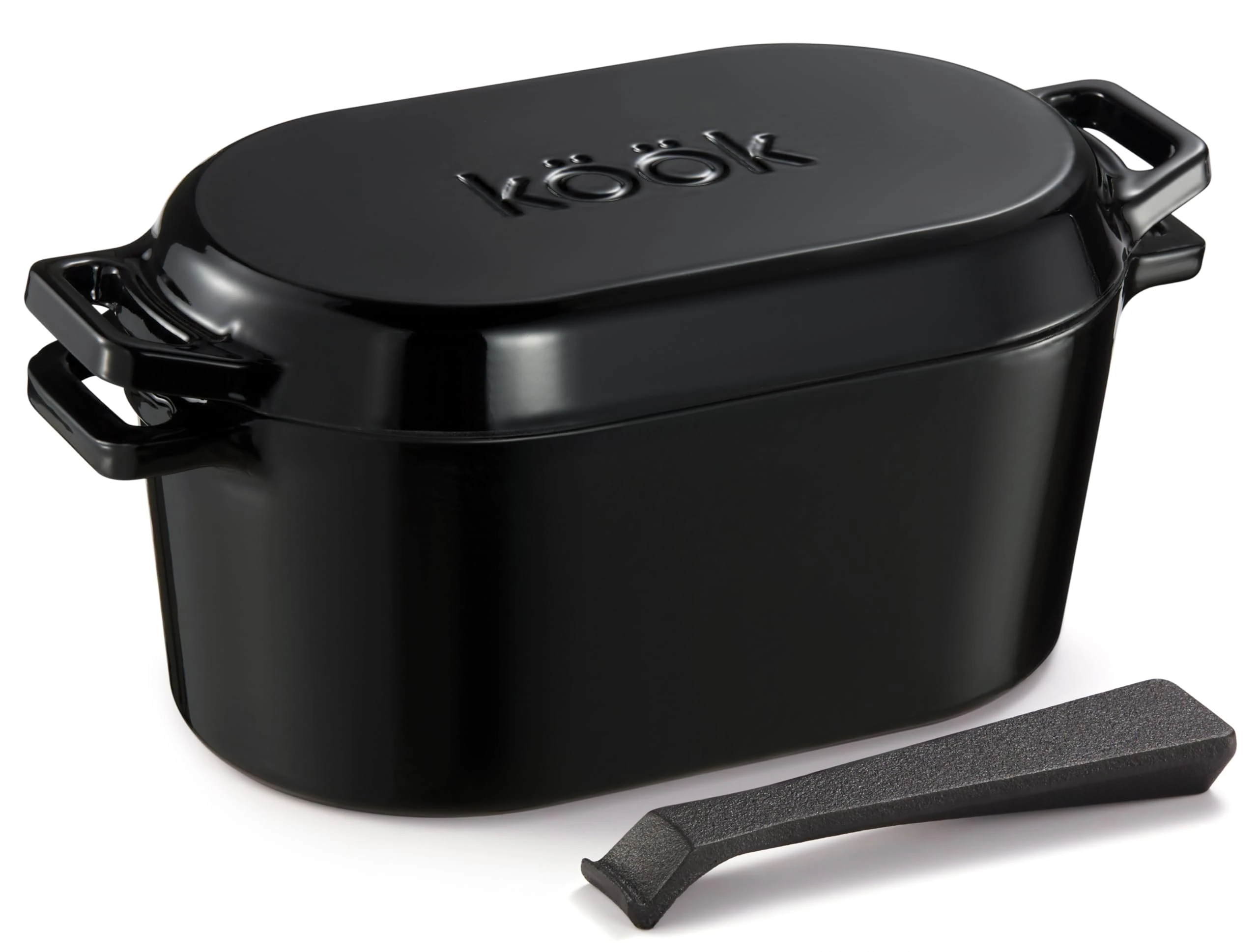 KooK Dutch Oven, Oven for Sourdough Bread Baking, with Lid, Dual Handles, Enameled Cast Iron, includes Lid Lever (Black)
