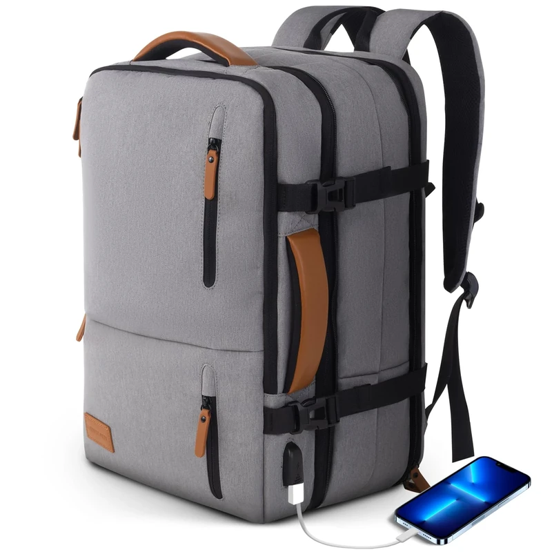 KINGSLONG Laptop Backpack Expandable 20L-35L Carry On Travel Backpack, Flight Approved Hand Luggage Rucksacks for 17.3 Inch Laptop Large Business Weekender Luggage Backpack for Men Women, Grey