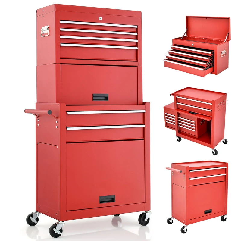GiantexUK Tool Cabinet (with Middle Toolbox, Red)