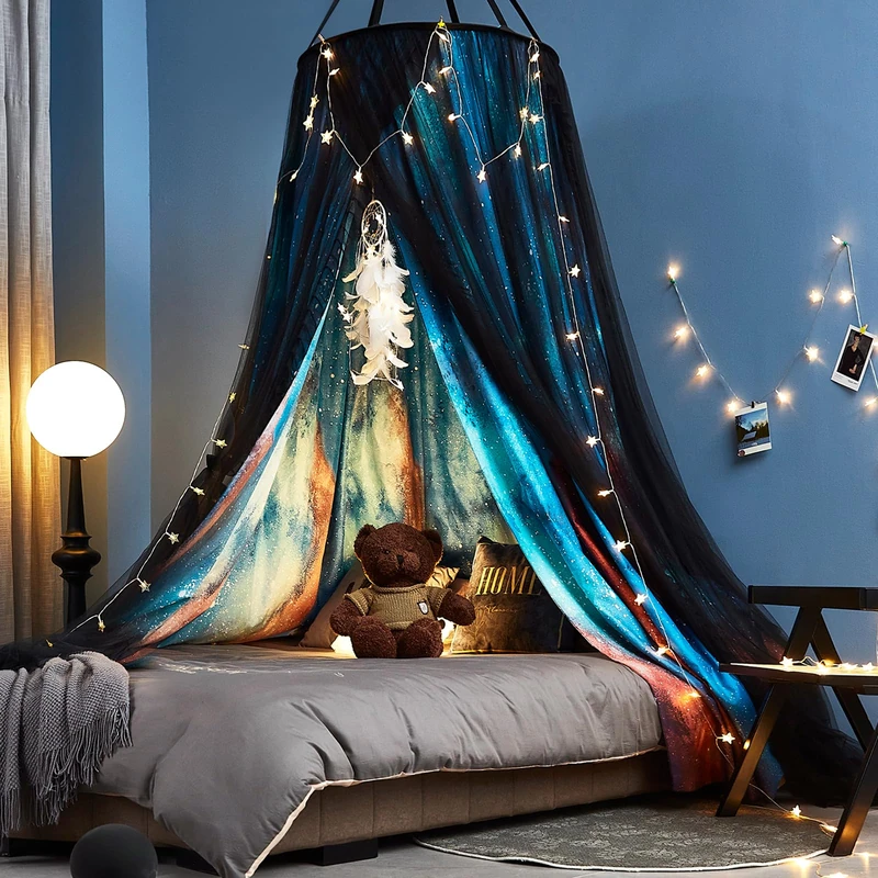 Kertnic Gorgeous Aurora Printed Bed Canopy for Girls & Adults, Room Decorative Cozy Bed Curtain Canopy Drapes, Round Dome Luxurious Lace Princess Canopies Mosquito Netting (Aurora)