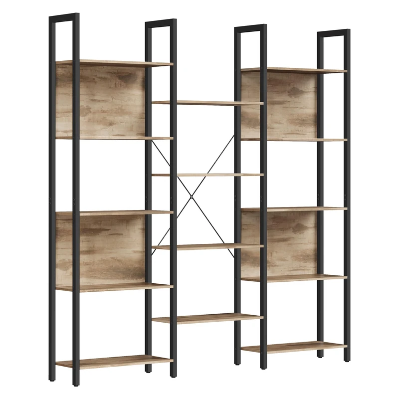 VASAGLE Bookcase, Bookshelf with 14 Shelves, Metal Frame, Shelf Unit for Living Room, Home Office, Industrial Style, 24 x 158 x 166 cm, Camel Brown and Ink Black LLS107K01
