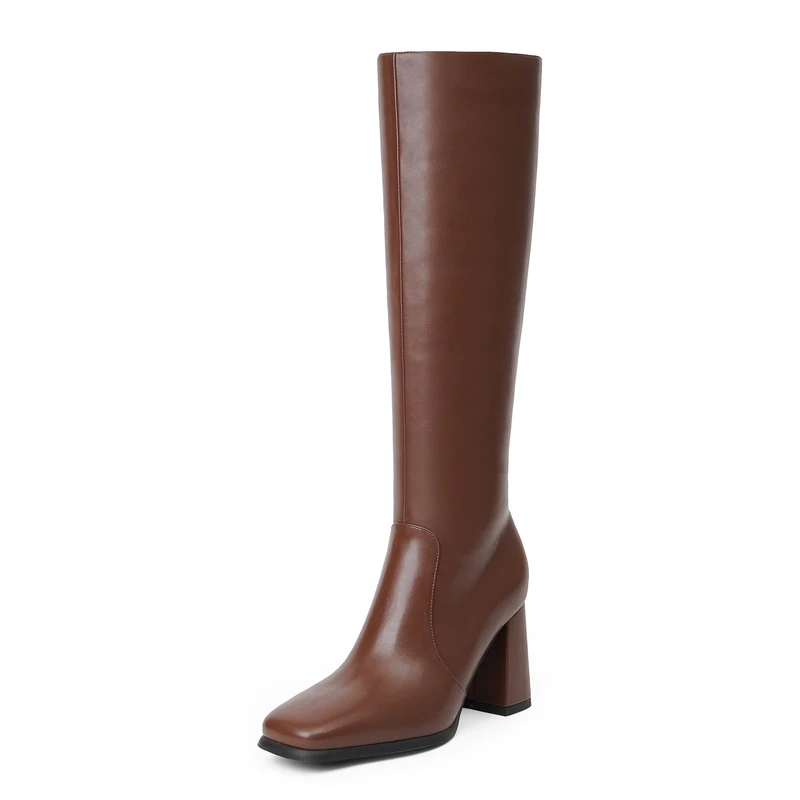 Modatope Knee High Boots Women Chunky Heel Square Toe Tall Boots for Women High Heel Side Zipper Long Boots, A-brown, 7 UK - Image 1