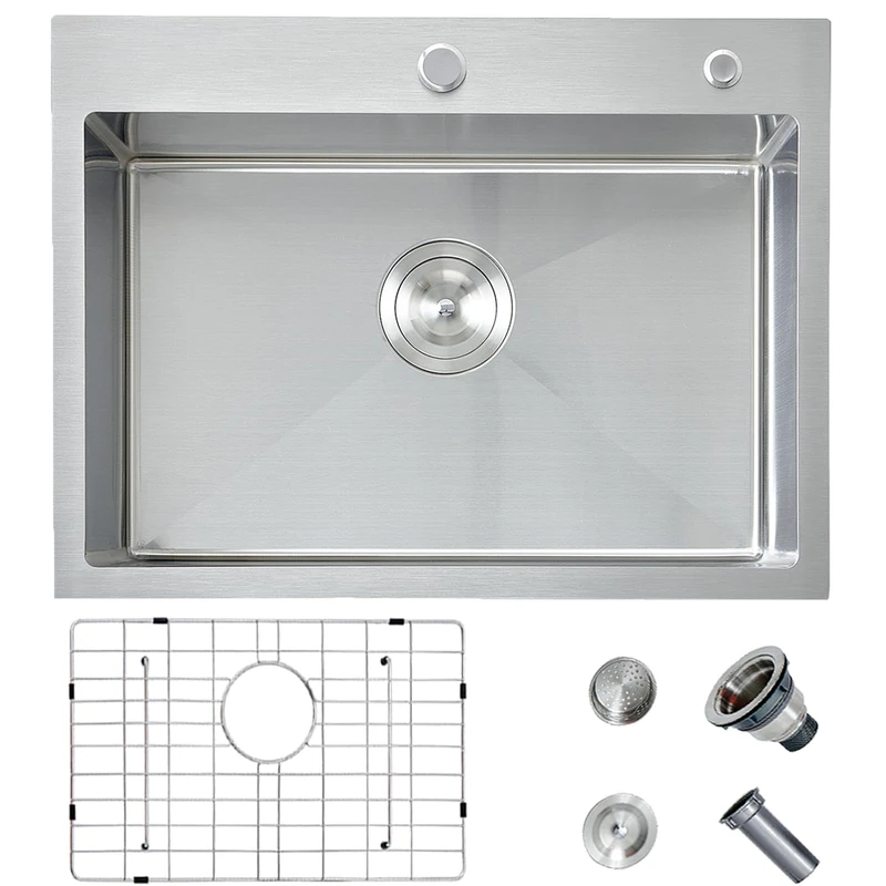 HOTIS 24 x 18 Inch Drop in Kitchen Sink, Handmade Stainless Steel Kitchen Sink, Large Residential Sink with 2 Holes, Single Bowl Workstation Sink with Dish Grid & Drain
