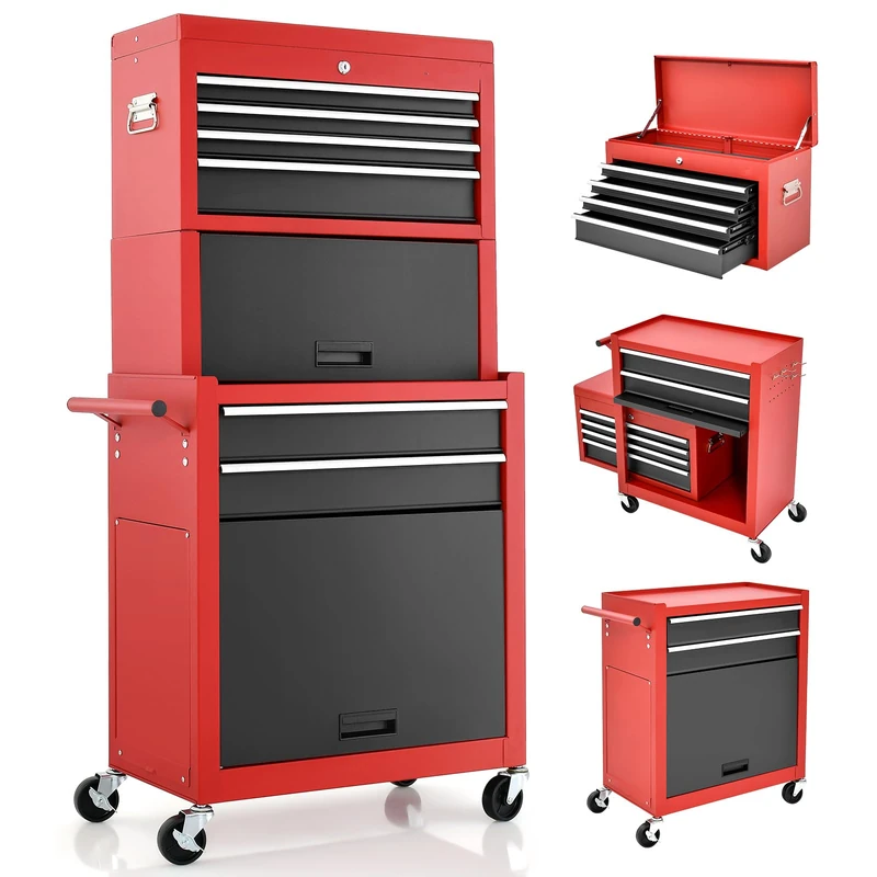 GiantexUK Tool Cabinet (with Middle Toolbox, Black+Red)