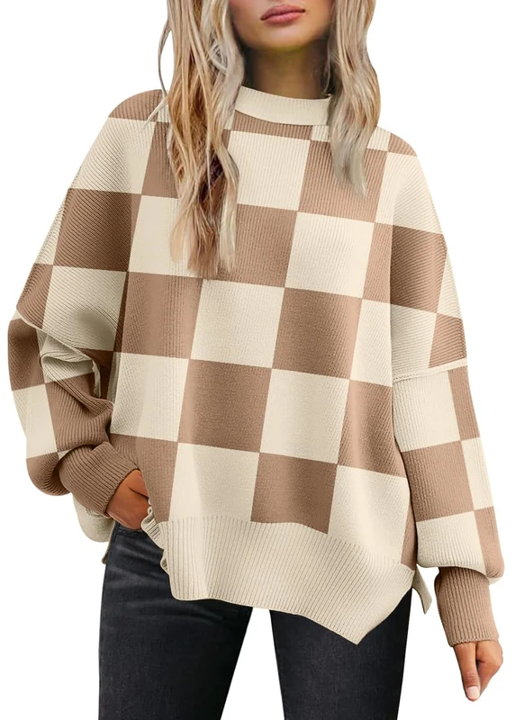 LILLUSORY Women's Crewneck Batwing Long Sleeve Sweater 2023 Fall Oversized Ribbed Knit Side Slit Pullover Top, Checkered Apricot, Small