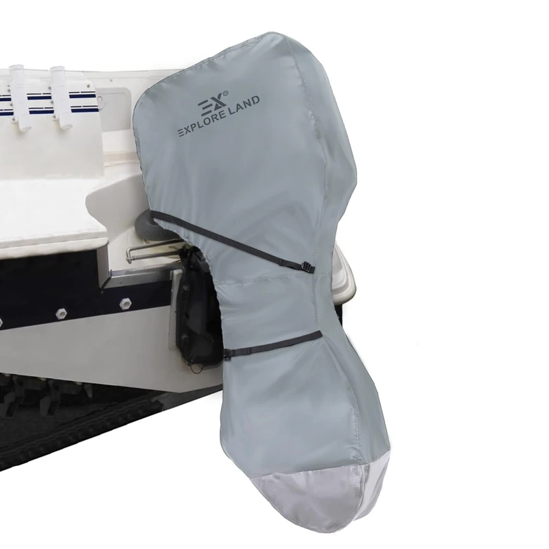 Explore Land Fade Resistant Full Outboard Motor Cover - Waterproof 600D Heavy Duty Boat Engine Covers Fit for Motor 150-250 HP, Grey