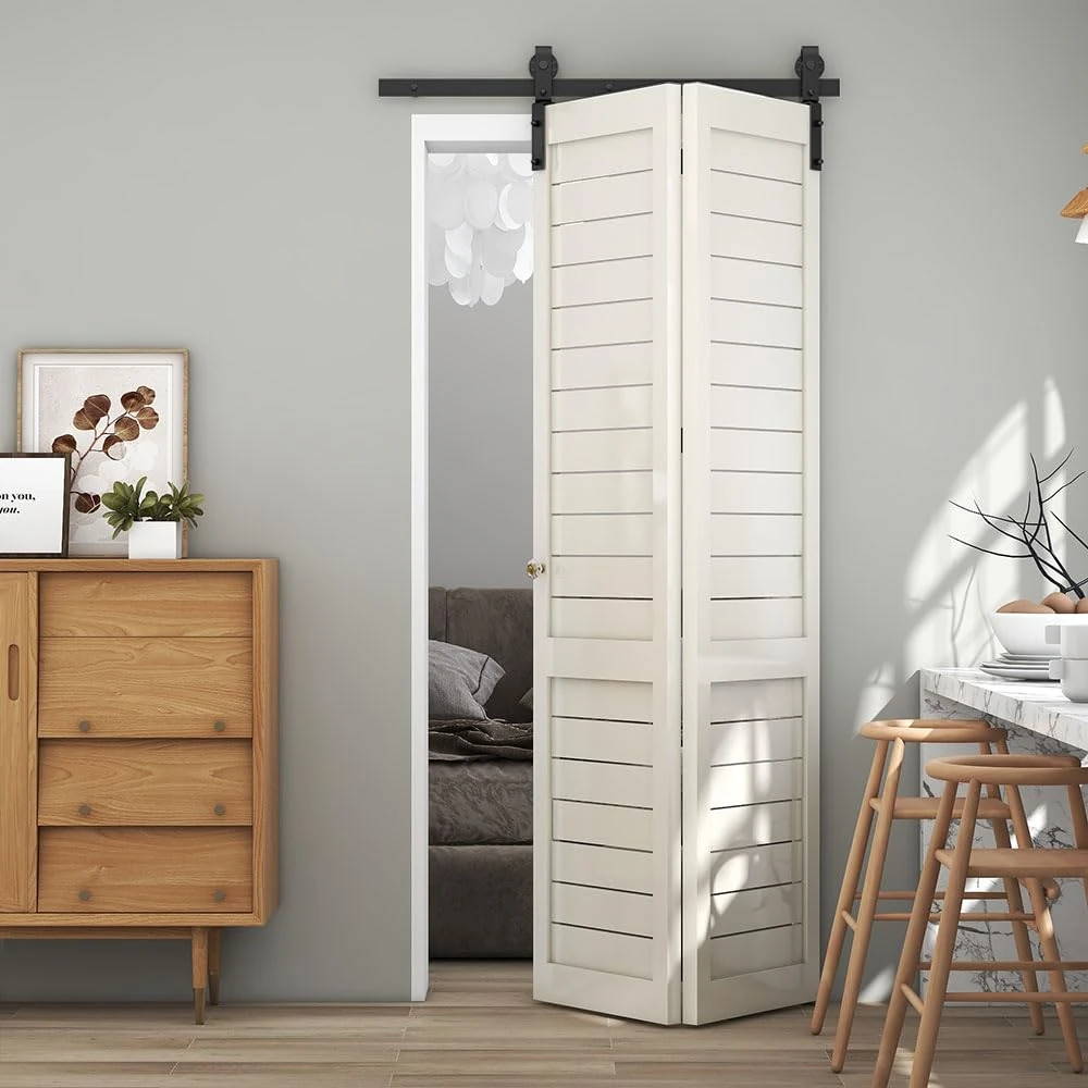 TSMST 200 cm / 6.6 ft bi-fold sliding door system, complete set, space-saving barn door track set for 2 doors, basic style, smooth and quiet (no door)