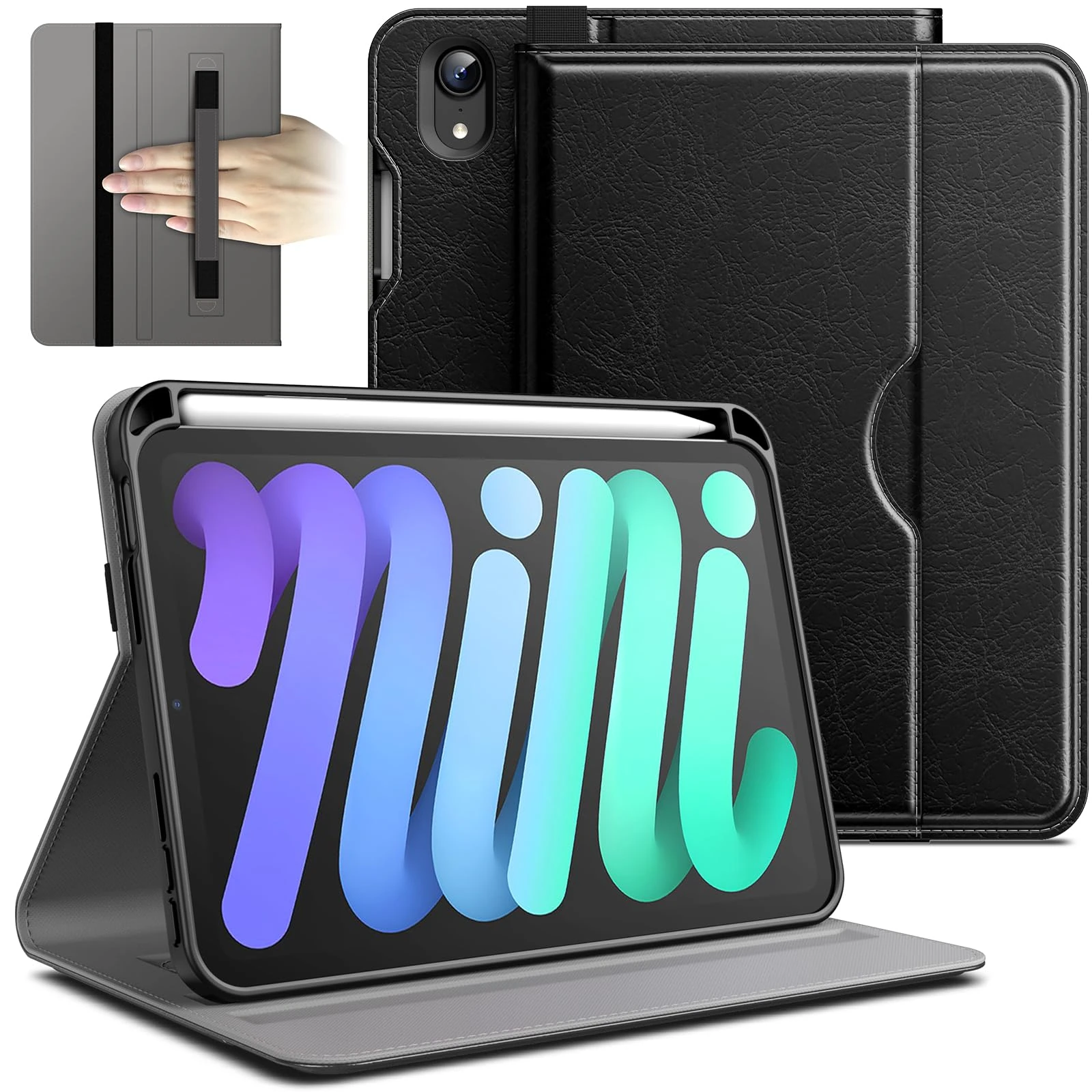 JETech Case for iPad mini (A17 Pro, 2024 Model, 7th Generation) / mini 6 (2021 Model, 6th Generation), PU Leather Business Folio Protective Tablet Cover with Pencil Holder & Pocket (Black)