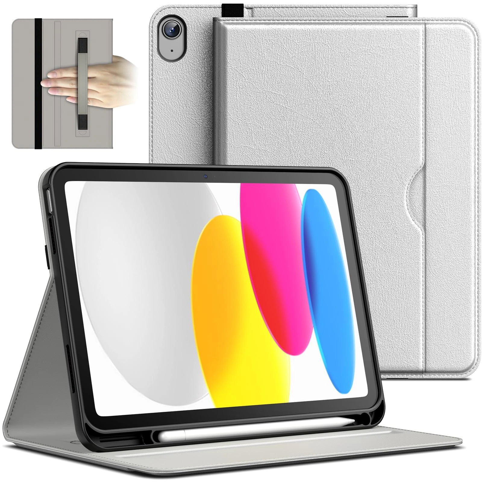 JETech Case for iPad (A16) 11th/10th Generation (2025/2022), PU Leather Business Folio Protective Tablet Cover with Pencil Holder & Pocket, Multi-Angle Viewing (Silver)