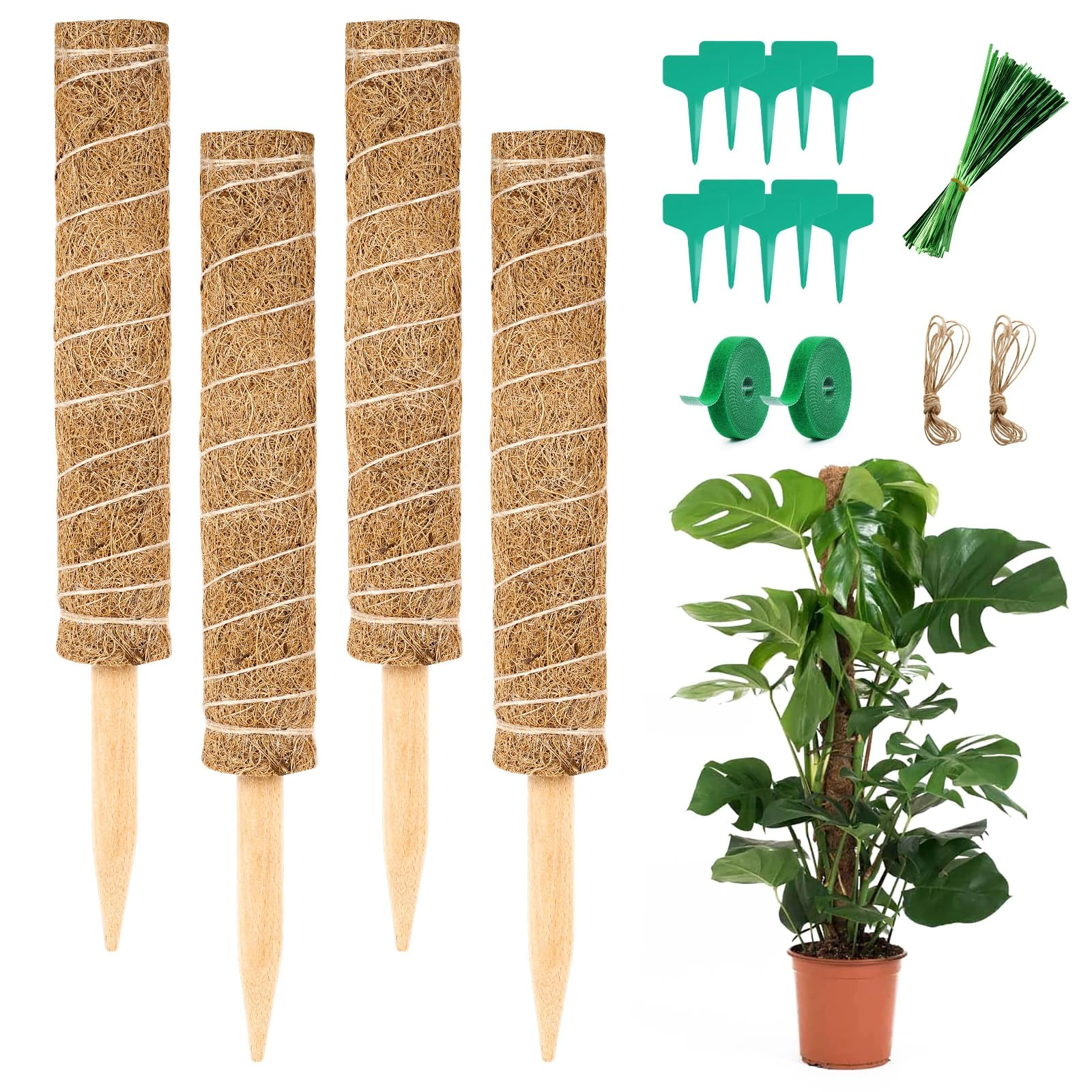 Vicloon Moss Pole, 4pcs Coir Totem Pole, Coir Moss Sticks for Indoor Plants Climbing, Creepers, with Twist Ties Plant Ties Labels Jute Rope, Moldproof Sticks Support (40cm)