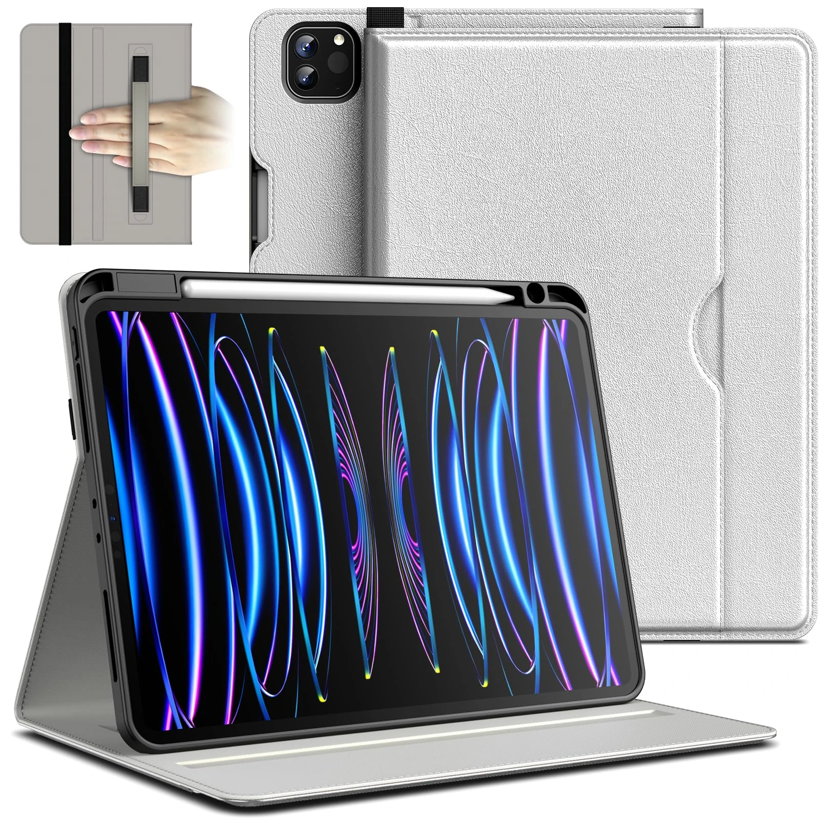 JETech Case for iPad Pro 11 4/3/2 (11-Inch, 2022/2021/2020 Model, 4th/3rd/2nd Gen), PU Leather Business Folio Protective Tablet Cover with Pencil Holder & Pocket Multi-Angle Viewing (Silver)