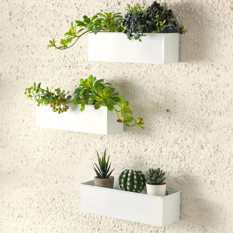 LaLaGreen Wall Planter for Outdoor (3 Pack, 14 Inch) Large Wall Mount Planters for Succulent White, Rectangular Metal Hanging Flower Pot, Long Window Boxes Fence Railings Rustic Floating Shelve Indoor - Image 1