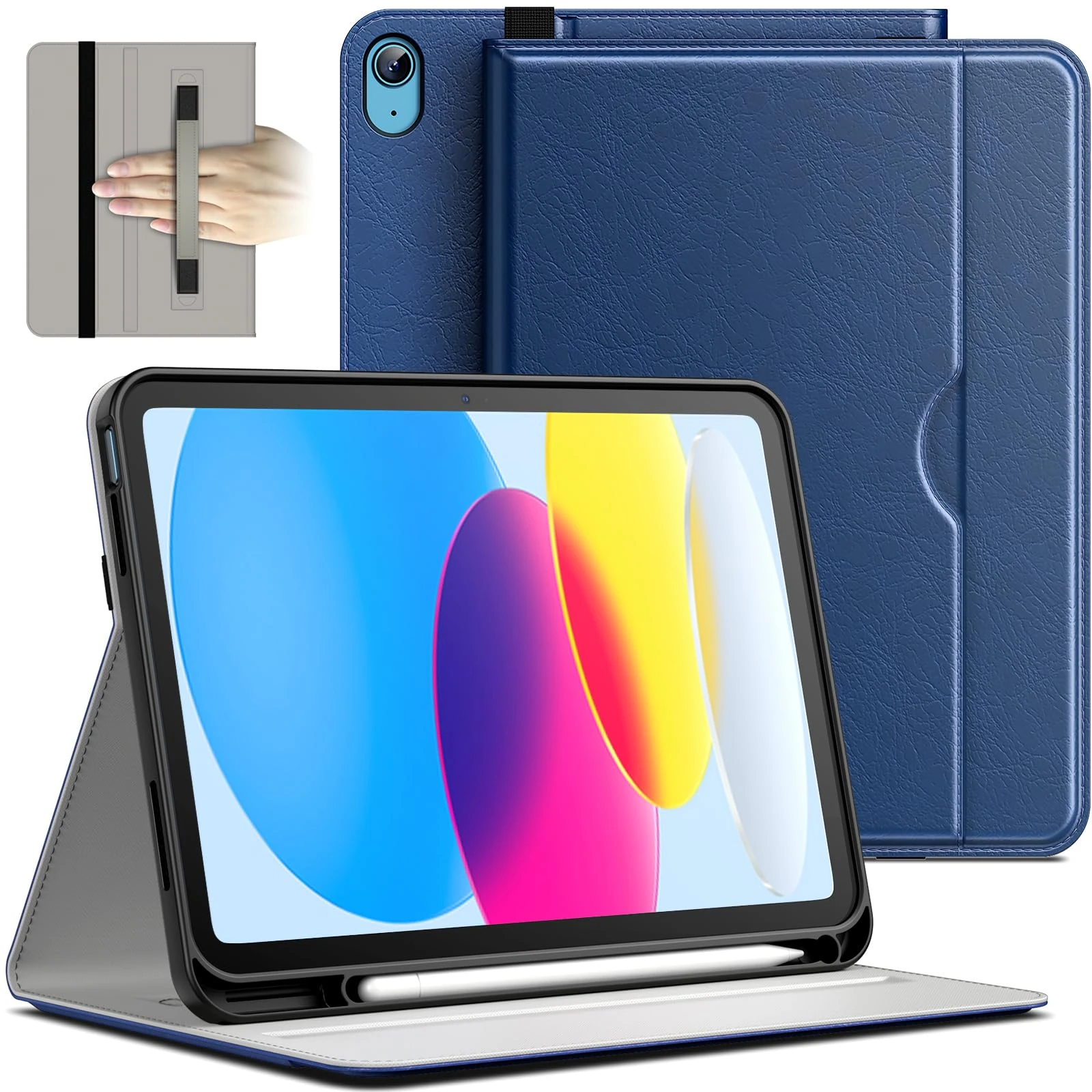 JETech Case for iPad (A16) 11th/10th Generation (2025/2022), PU Leather Business Folio Protective Tablet Cover with Pencil Holder & Pocket, Multi-Angle Viewing (Navy)