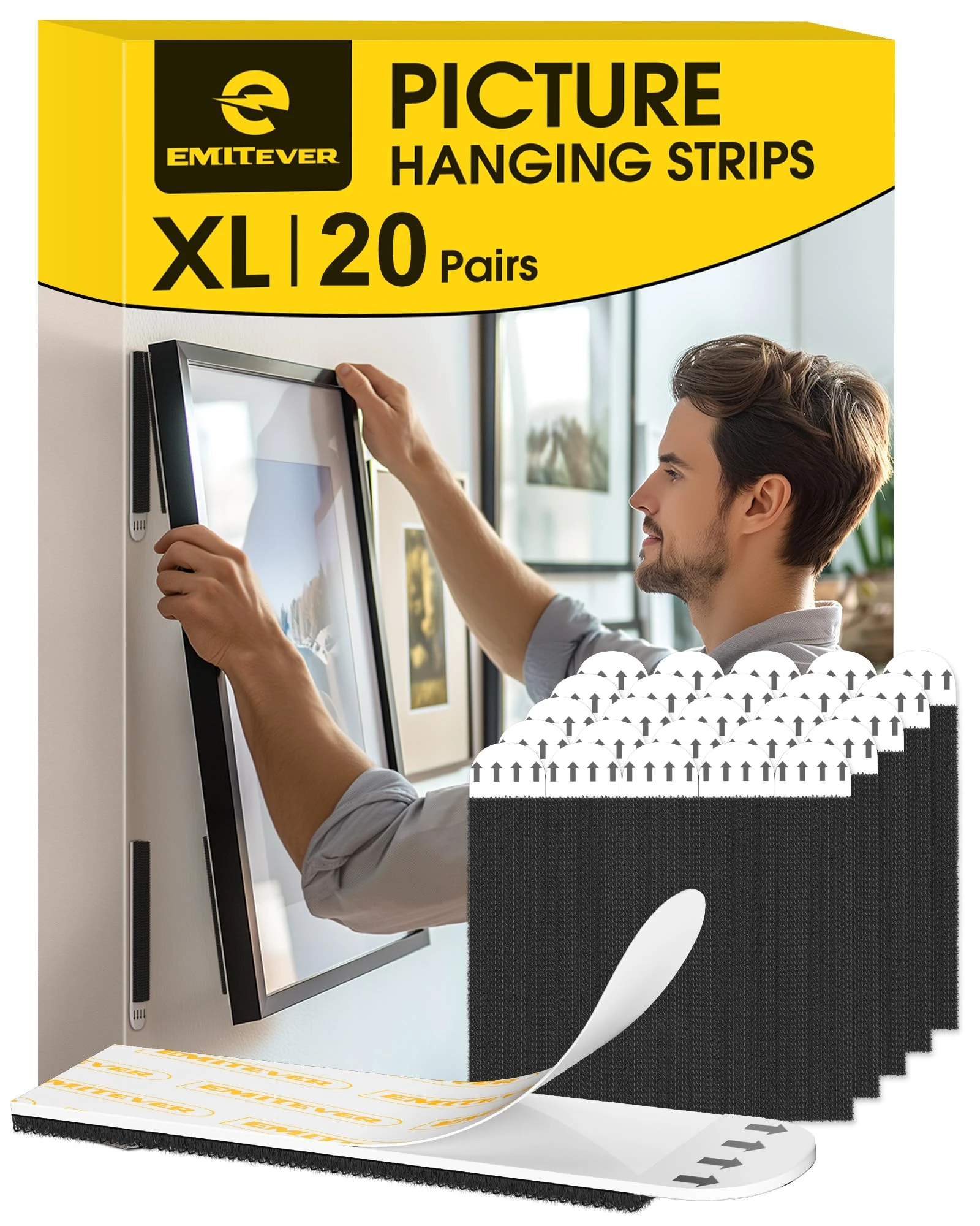 Emitever Picture Hanging Strips Heavy Duty, XL-20 Pairs(40 Strips), Holds up to 7.2 KG, No Damage Picture Adhesive Strips, Hook and Loop Mounting Tape Black