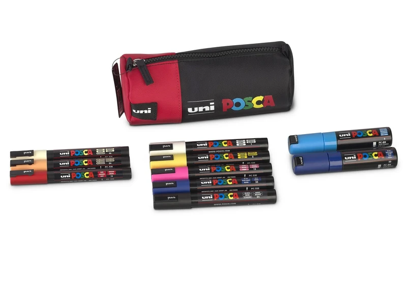 POSCA Faber-Castell uni-ball 205089 Marker Set, 10 Pens and a Pencil Case, for Work, Hobby and Leisure
