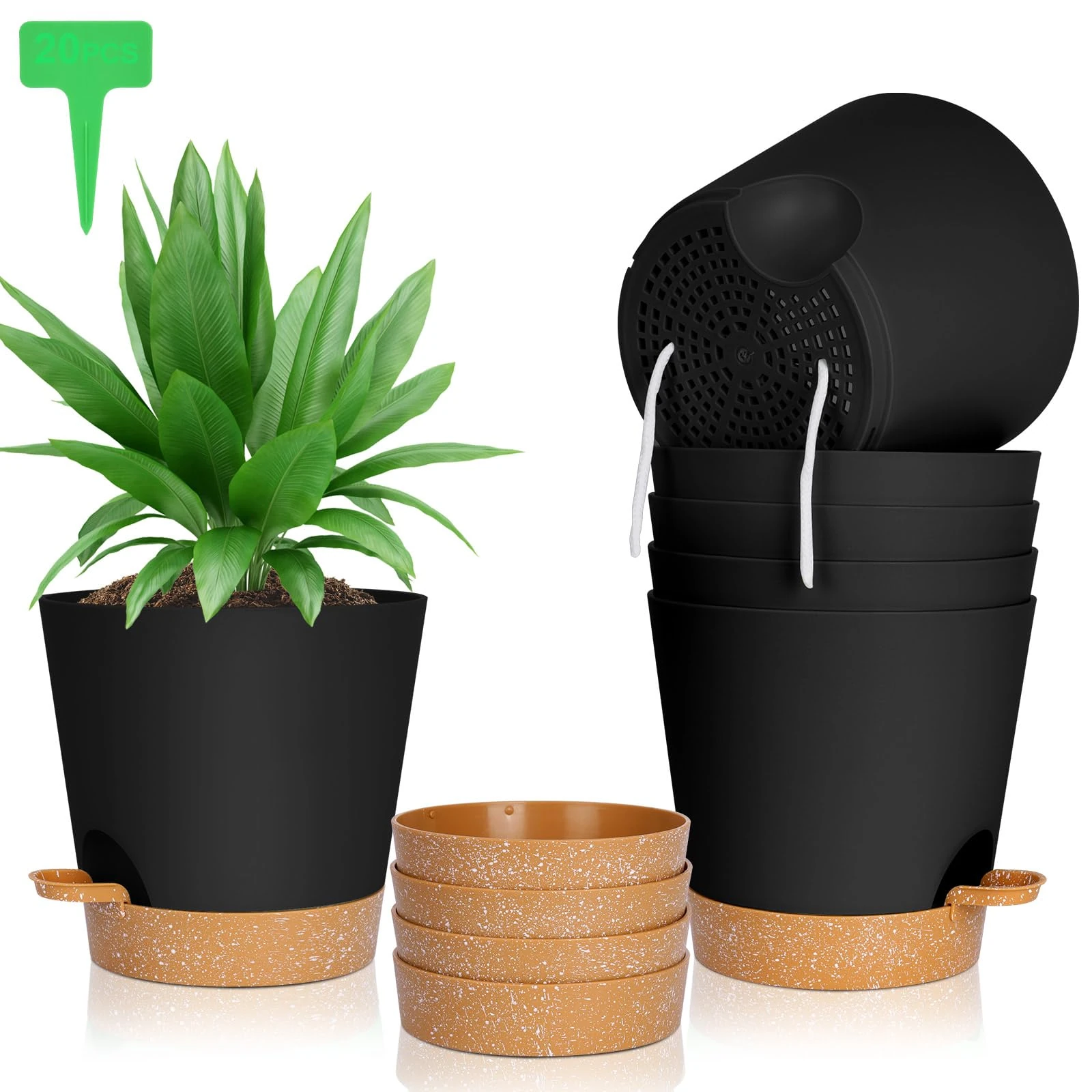 OFFCUP 6pcs 20cm Self Watering Plant Pots, Black, Modern Style, Round Shape, Plastic Material, Suitable for Indoor Plants
