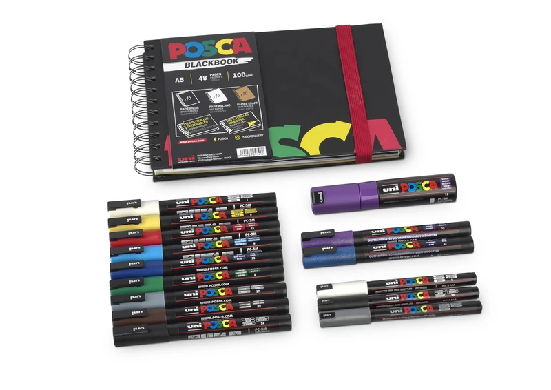 POSCA 205087 XL Marker Set 15 Pens and a Sketchbook for Work, Hobby and Leisure