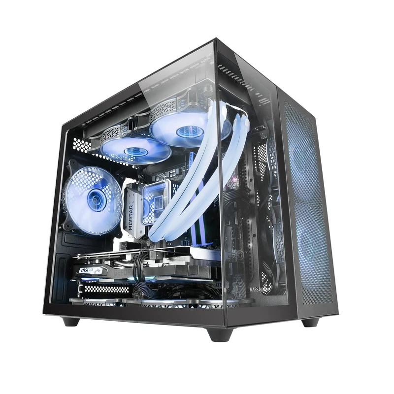 Mars Gaming MC-NOVAM Black, Custom MicroATX Compact Case, Dual Window Continuous Tempered Glass, Dual Chamber Modular Frame, Front Grill, Liquid Cooling Support, USB-C Connector