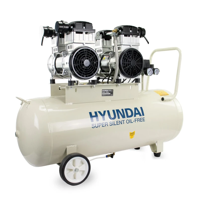 Hyundai 4HP 100L Oil Free Low Noise Electric Air Compressor, 22CFM, 145 PSI, Direct Drive Twin Motor, Silent Workshop Compressor with Quick Release Couplers, 2 Year Warranty