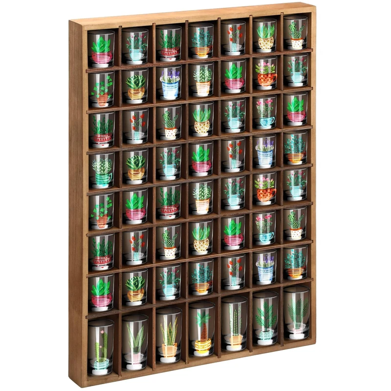 Barydat Shot Glass Display Case Wood Shot Glass shelf holder 56 Compartments Wall-mounted Rustic Bar Cabinet(Brown,1 Pcs)