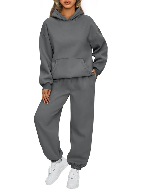 AUTOMET Womens 2 Piece Outfits Lounge Hoodie Sweatsuit Sets Oversized Sweatshirt Baggy Fall Fashion Sweatpants with Pockets, Blackgrey, Large