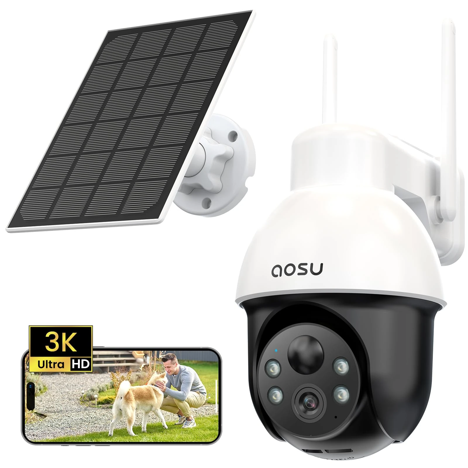 AOSU 3K Solar Camera Outdoor Wireless – 5MP Security Camera, Motion & Human Tracking, 360° PTZ, Zoom & Wide View, Color Night Vision, Two-Way Talk, WiFi, Solar Panel Powered, Alexa