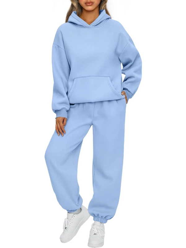 AUTOMET Womens 2 Piece Outfits Lounge Hoodie Sweatsuit Sets Oversized Sweatshirt Baggy Fall Fashion Sweatpants with Pockets, Lightblue, Small