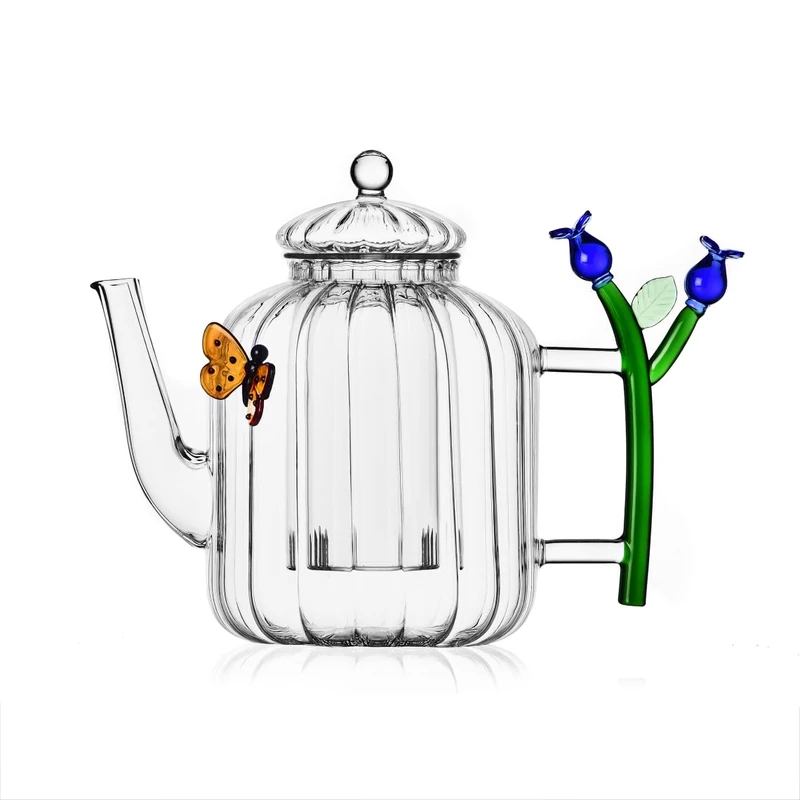 Ichendorf Milano Botanica Collection Ottica Teapot, Butterfly and Blue Flower, 70 cl, Borosilicate Glass, Handmade - Image 1