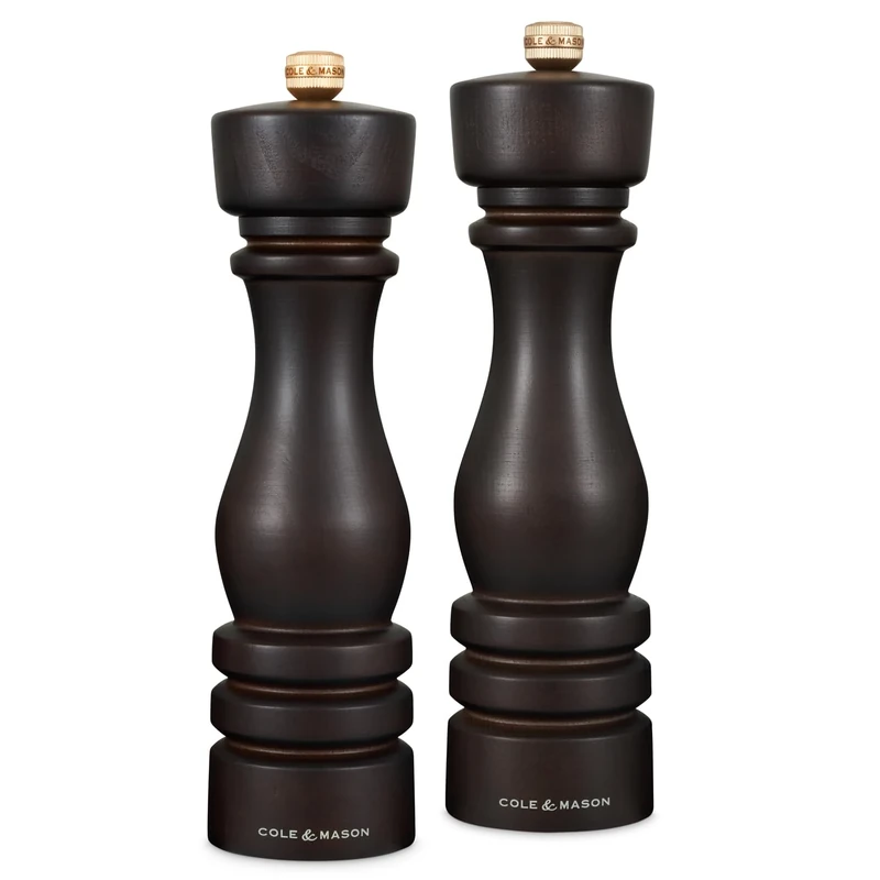 Cole & Mason London Chocolate Wood Salt and Pepper Mill Set, 220mm, Precision+ Carbon/Ceramic Mechanisms, Salt and Pepper Grinders with Adjustable Grind, Beech Wood, Gift Set