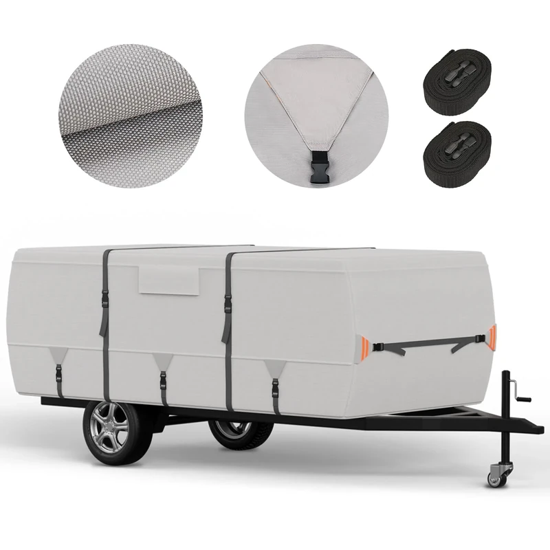 Tuszom 900D Pop Up Camper Trailer Cover 100% Waterproof Marine Grade Folding Camping Trailer Cover 8'-10' with 7 PCS Reinforced Windproof Straps