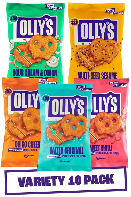 Olly's Pretzel Thins, New Variety Pack, 35g (Pack of 10), x2 Salted, x2 Multi Seeded, x2 Sour Cream, x2 Sweet Chilli x2 Cheesy, Low Calorie Snacks, Low Fat, Source of Fibre, No Preservatives