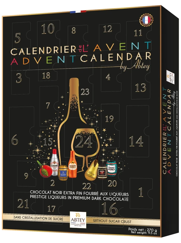 ABTEY Prestige Chocolate Liqueur Advent Calendar 270g - with Liqueurs including Label 5® Scotch Whiskey, Gibson Gin®, Saint James® Rum, Irish Coffee, BAYET Cognac etc.