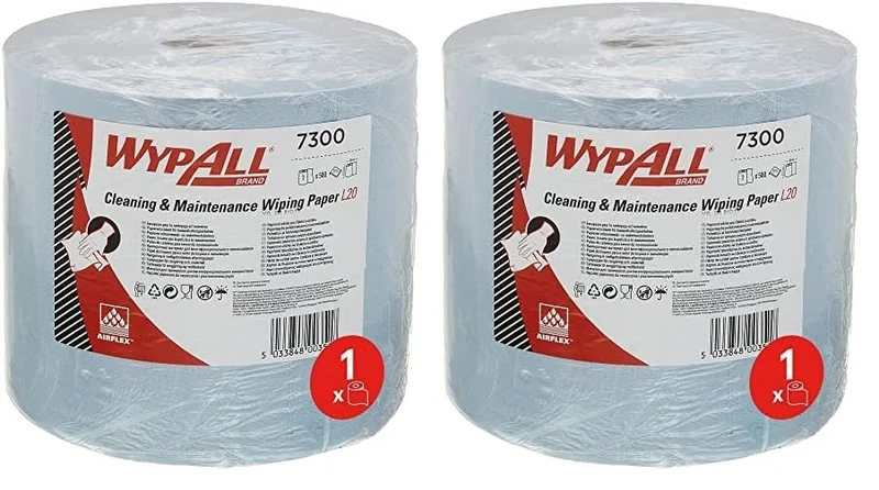 WypAll L20 Cleaning and Maintenance Jumbo Roll Wiping Paper 7300-1 Blue Roll x 500 Blue, 2 Ply Wiping Sheets (Pack of 2)