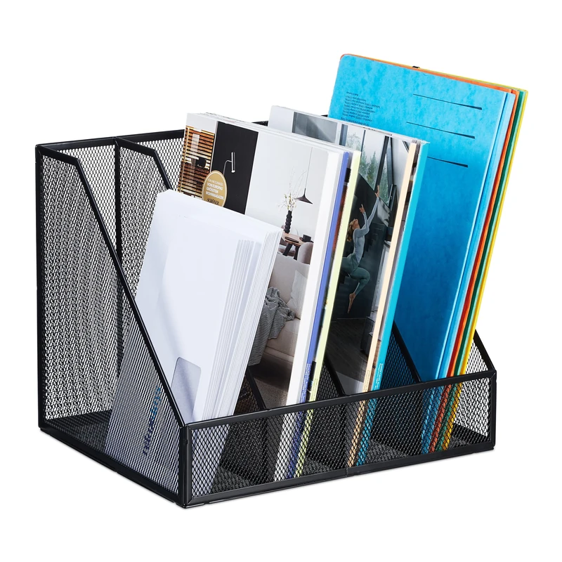 Relaxdays Magazine File, A4, 4 Compartments, Mesh Design, 26 x 31 x 26 cm, Office Storage, Document Holder, Metal, Black, Steel