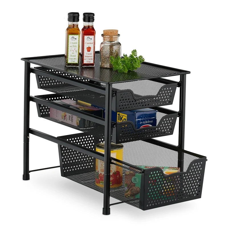 Relaxdays Drawer Shelf, Stackable Organiser, Metal, Kitchen, Bathroom, 3 Pull-out Baskets, HWD: 35 x 28 x 42.5cm, Black, Steel