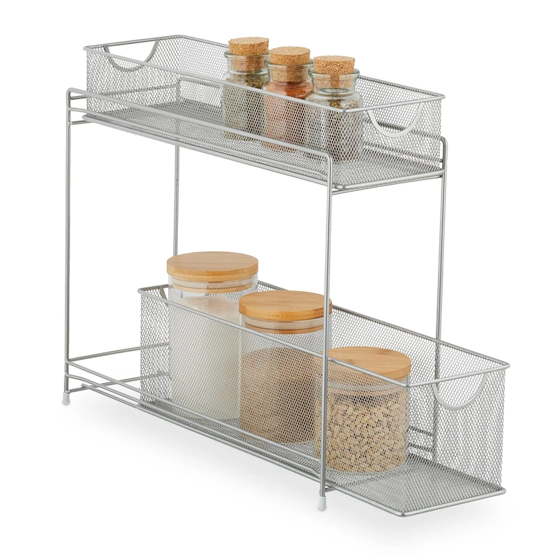 Relaxdays Kitchen Cabinet Organiser, Pull-out Base Unit Shelf, 2 Drawers, Metal Baskets, HWD: 40 x 15 x 46 cm, Silver