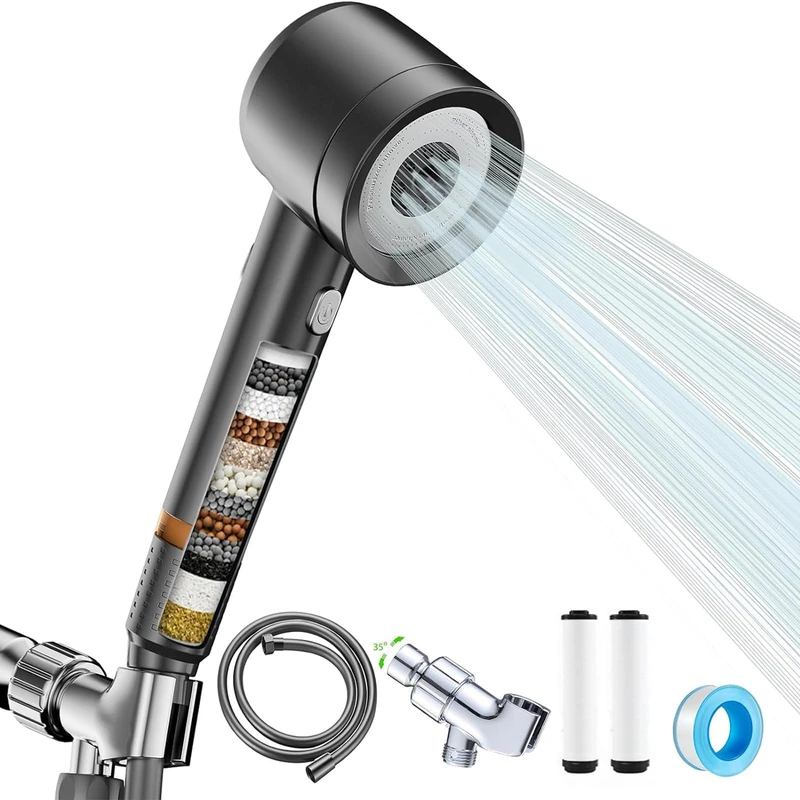 High Pressure Shower Head with Handheld, with Pause Switch 4 Spray Modes Water Saving Filter Showerhead, Showerhead Set with Hose, Bracket and Cotton Filter, Make Bathing Healthier (Grey)