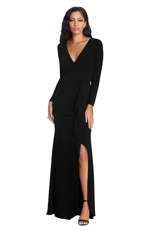 Betsy & Adam Women's Long Sleeve Stretchy V-Neck Wrap Gown with Cascade Slit Special Occasion Dress, Black, 12