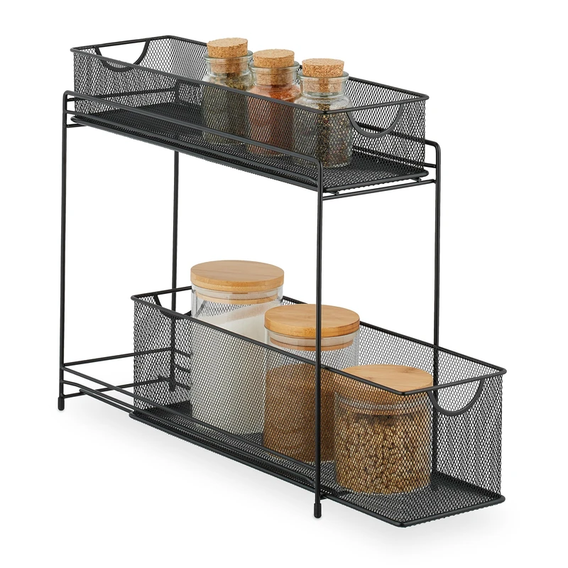 Relaxdays Kitchen Cabinet Organiser, Pull-out Base Unit Shelf, 2 Drawers, Metal Baskets, HWD: 40 x 15 x 46 cm, Black, Steel