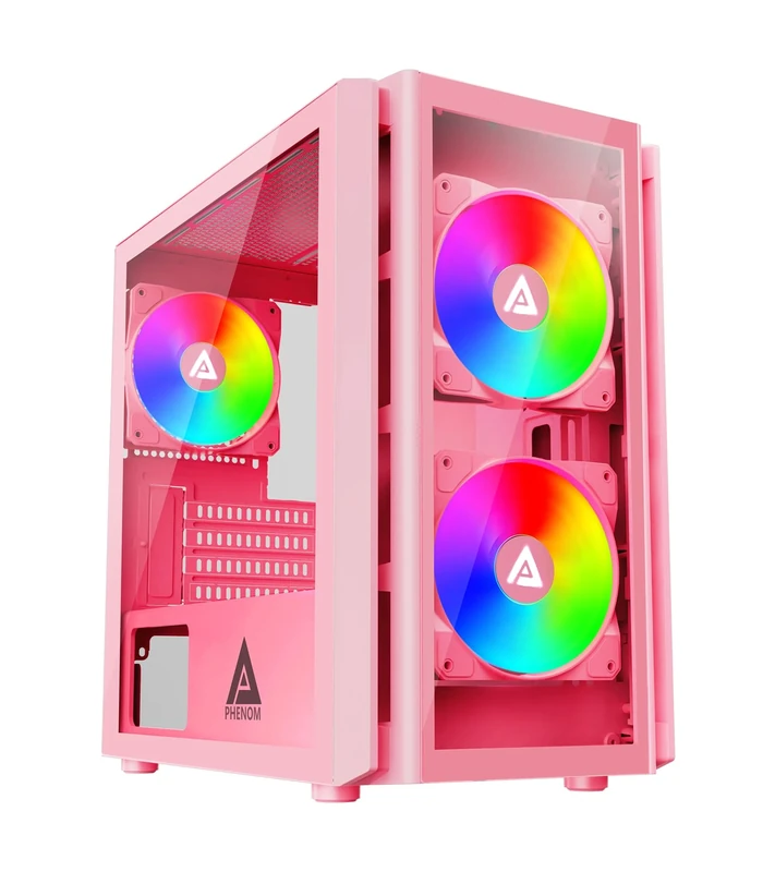 Apevia Phenom-PK Phenom Micro-ATX Gaming PC Case w/ 3X 120mm ARGB Fans, 366 RGB Light Modes, 1x Glass Front Panel, 340MM GPU Support, 1X USB3.0, 2X USB 2.0, Pink