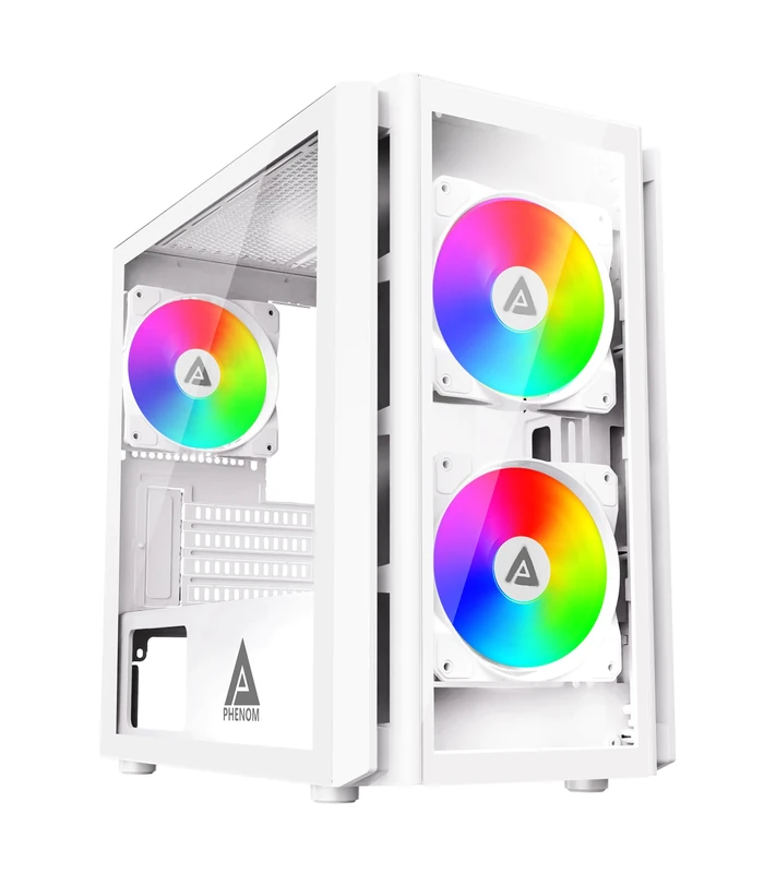 Apevia PHENOM-WH Phenom Micro ATX Gaming PC Case w/ 3x 120mm ARGB Fans, 366 RGB Light Modes, 2x Tempered Glass Panels, Front Panel Airflow Vents, Magnetic Dust Filters, 2x USB3.0, HD Audio Port, White - Image 1