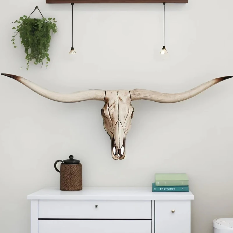 BKCEHCRS Cow Skull Wall Decor,Long Horn Cow Skull Wall Hanging, Faux Longhorn Skull Faux Taxidermy Head Wall Decor Handmade Simulation Large Bull's Head Farmhouse Decor Wall, BLACKHORN-65512110