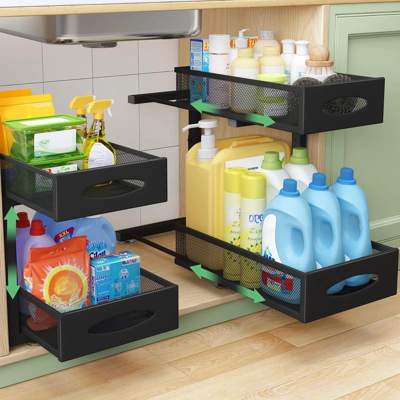 Under Sink Organizer, 2 Tier Pull out Cabinet Organizer Baskets with Mesh Sliding Drawers, Slide out Storage Shelf for Home, Kitchen, Bathroom, Pantry, Office Cabinet, Countertop(1 Pack) - Image 1