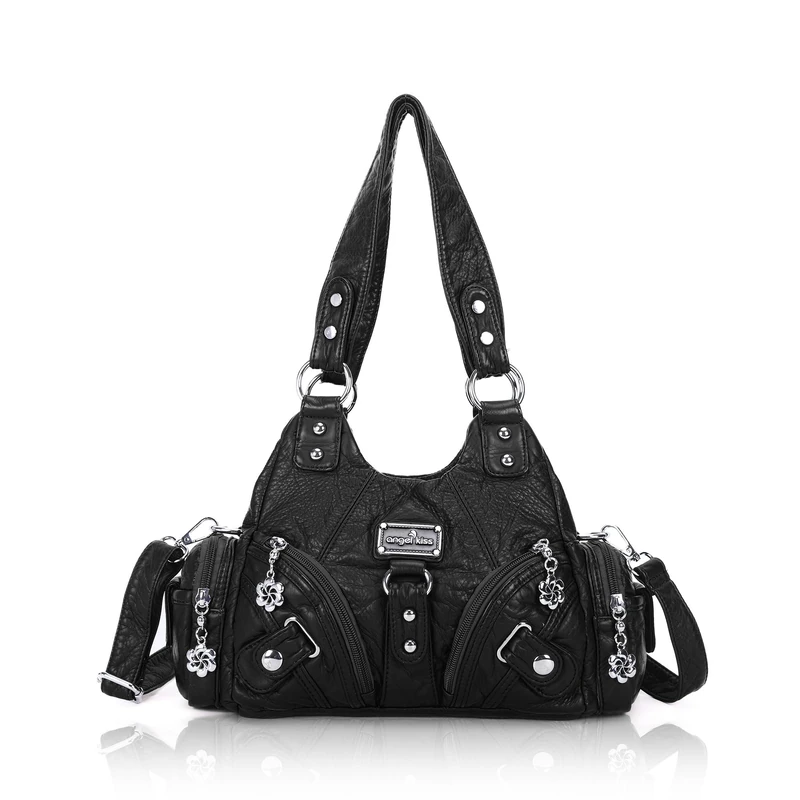 Angel Kiss Purses for Women Small Hobo Shoulder Bags Vagen Leather Multi-Pocket Tote Bag with Zipper, Black