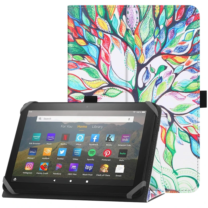 HoYiXi Universal Case for 7-8 inch Tablet Fire HD 8 2020/2022 & Fire HD 8 Plus 2020/2022 with Stand Folio and Hand Strap Protective Cover for 7"-8" Samsung Lenovo Android Tablet - Tree