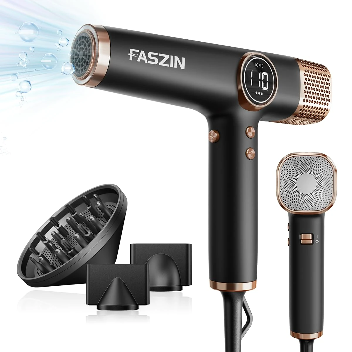 Faszin Hair Dryer, Lightweight Hairdryer with 110,000 RPM High Speed Motor for Fast Drying, 200 Million Ionic Hairdryers for Women & Men, Low Noise Hair Dryers, with 3 Magnetic Nozzle