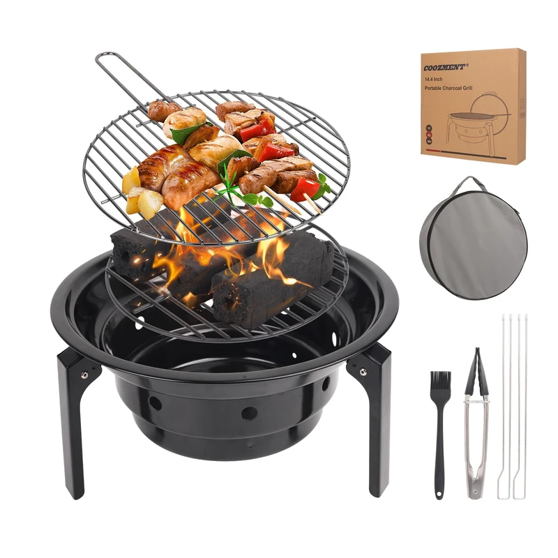COOZMENT 14.4 inch Portable Charcoal Grill With Carry Bag, Outdoor Folding Charcoal Grills, High Temps Carbon Steel Korean BBQ Grill, Camping Barbecue Grill for Garden/Grilling (Universal Model)